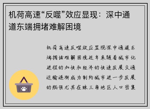 机荷高速“反噬”效应显现：深中通道东端拥堵难解困境