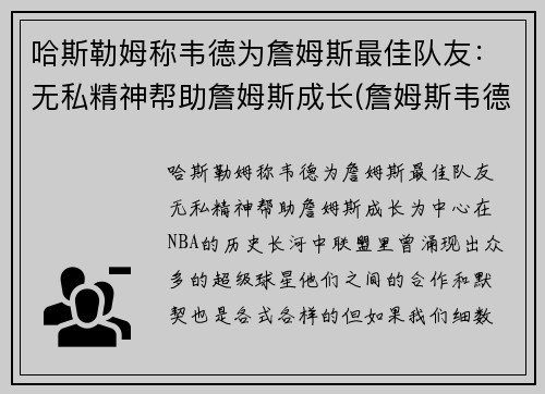 哈斯勒姆称韦德为詹姆斯最佳队友：无私精神帮助詹姆斯成长(詹姆斯韦德最精彩的比赛)